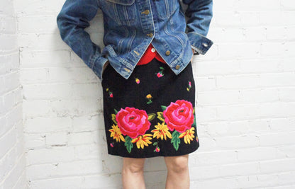 80's Issey Sport Black Wool Floral Embroidered Skirt