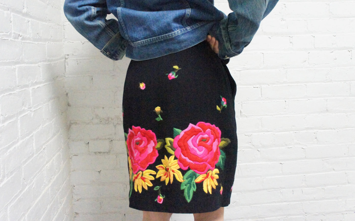 80's Issey Sport Black Wool Floral Embroidered Skirt