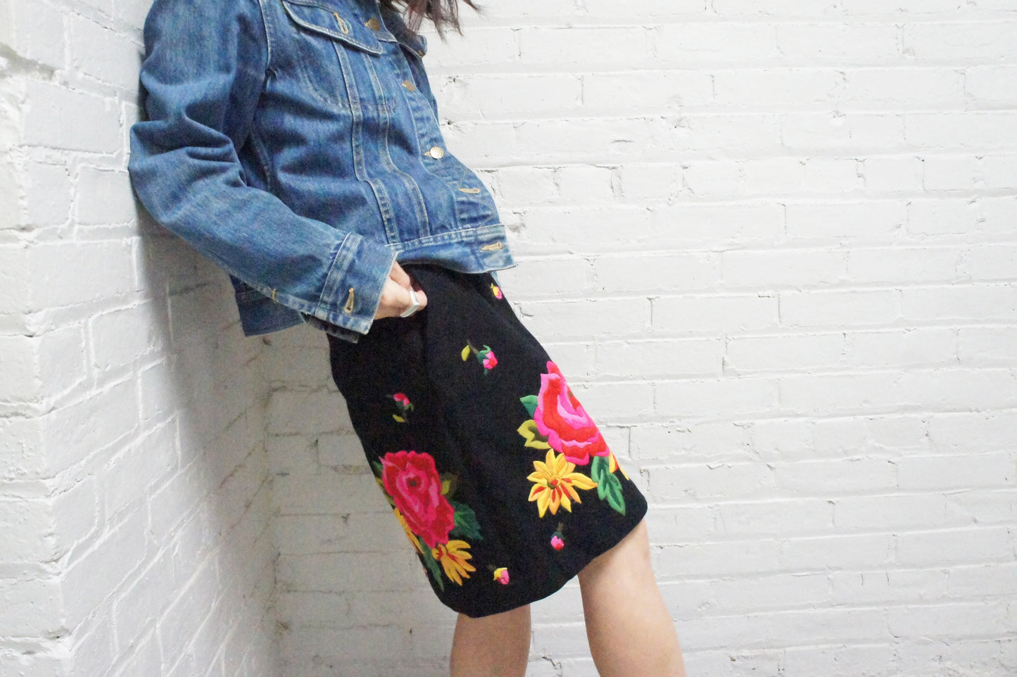 80's Issey Sport Black Wool Floral Embroidered Skirt