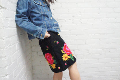 80's Issey Sport Black Wool Floral Embroidered Skirt