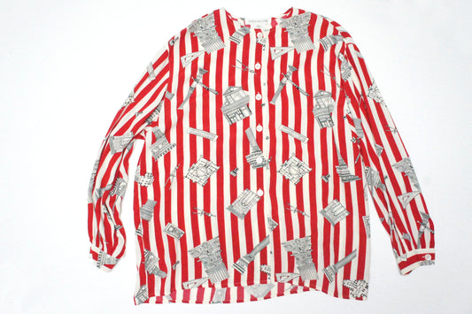 90's Rayon Striped Manor Printed Blouse